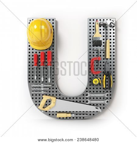 Letter U. Alphabet from the tools on the metal pegboard isolated on white.  3d illustration