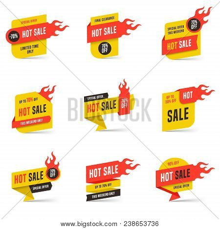 Hot Sale Banners Design Templates Set. Flat Line Fire Flame Speech Bubbles Special Offers Discounts 