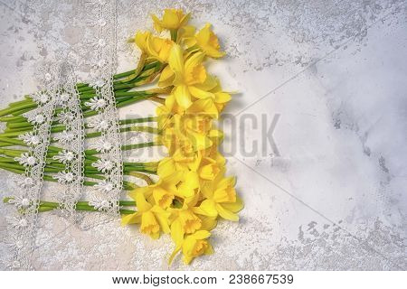 Davidoff Bouquet In A Row With Lays On The Stems Laying On A White Cement Background, Top View With 