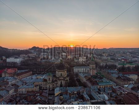 Beauty Panoramic View On Sunrise Over Old European City