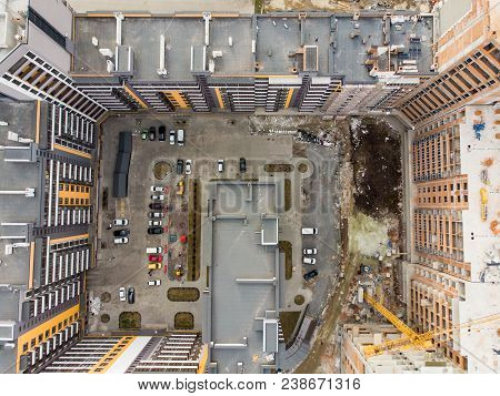 Birds Eye View On Contraction Site With Crane