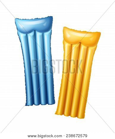Vector Two Blue And Yellow Air Pool Mattress. Isolated On White Background