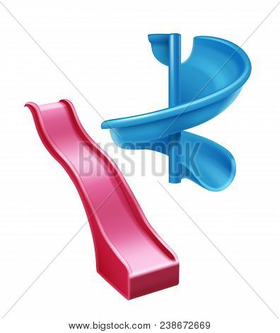Vector Illustration Of Red Plastic Slide And Spiral Blue Slide. Isolated On White Background