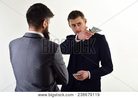 Businessmen, Business Partners Counting Profit. Meeting Of Reputable Businessmen, White Background.