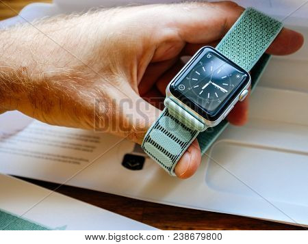 Paris, France - Apr 24, 2018: New Apple Watch Series 3 Smartwatch Personal Wearable Device In Male H