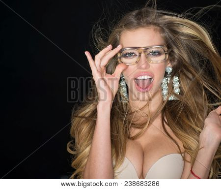 Woman Attractive With Big Breasts Wears Ugly Eyeglasses For Vision. Girl Short Sightedness Needs Mod