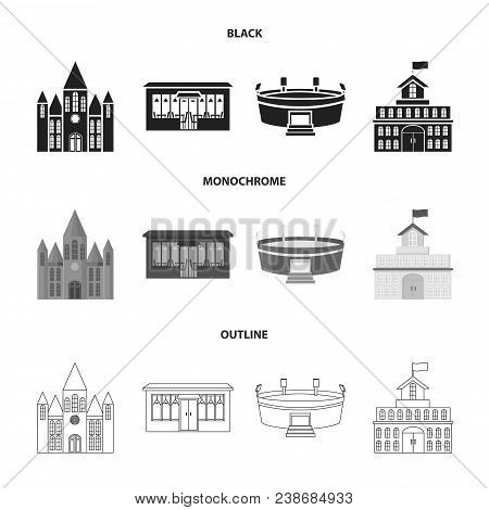House Of Government, Stadium, Cafe, Church.building Set Collection Icons In Black, Monochrome, Outli