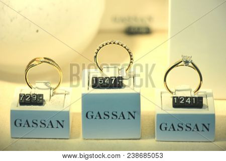 Amsterdam Schiphol Airport, The Netherlands - April 14th 2018: Diamond Engagement Rings And Other Je
