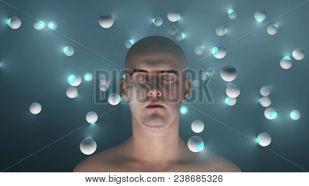 sleeping man and flying eyes around, 3d illustration