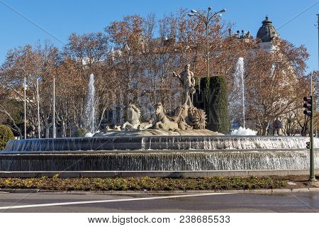 Madrid, Spain - January 22, 2018: Neptuno Fountain In City Of Madrid, Spain