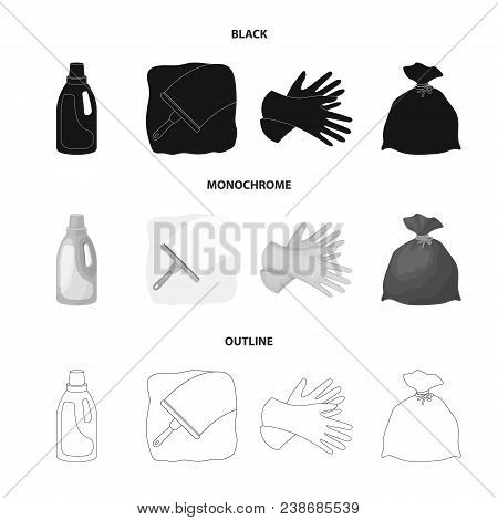 Gel For Washing In A Pink Bottle, Yellow Gloves For Cleaning, A Brush For Glass, A Black Bag For Gar