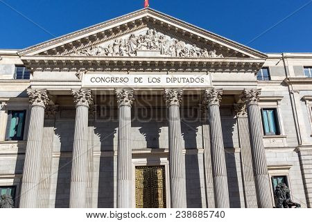 Madrid, Spain - January 22, 2018: Building Of Congress Of Deputies (congreso De Los Diputados) In Ci