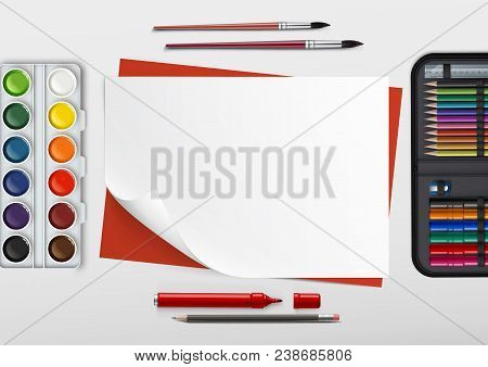 Vector Illustration Of Children Workplace With Drawing Tools, Top View . Isolated On White Backgroun