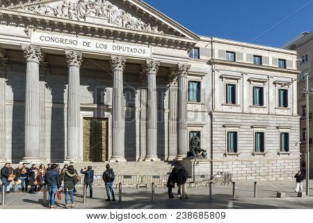 Madrid, Spain - January 22, 2018: Building Of Congress Of Deputies (congreso De Los Diputados) In Ci
