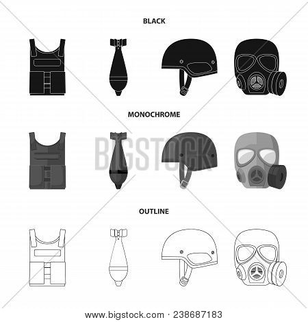 Bullet-proof Vest, Mine, Helmet, Gas Mask. Military And Army Set Collection Icons In Black, Monochro