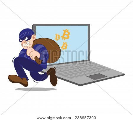 Cartoon Dangerous Criminal Insidious Thief Hacker Dressed In Dark Mask Running Big Bag Stolen Crypto