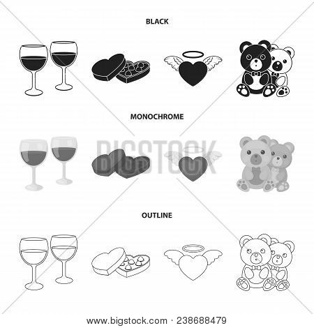 Glasses With Wine, Chocolate Hearts, Bears, Valentine.romantik Set Collection Icons In Black, Monoch