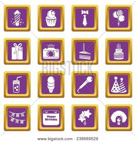Happy Birthday Icons Set Vector Purple Square Isolated On White Background