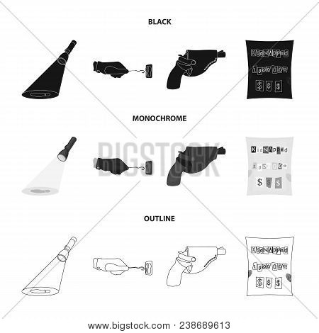 The Detective Flashlight Illuminates The Footprint, The Criminal Hand With The Master Key, A Pistol 