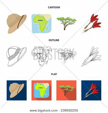 Cork Hat, Darts, Savannah Tree, Territory Map. African Safari Set Collection Icons In Cartoon, Outli