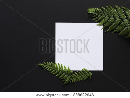 Artistic Mockup For Your Artwork With Beautiful Flowers And Leaves And Empty Card Shot From The Top.