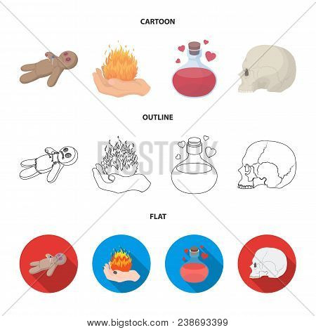 A Voodoo Doll, A Magical Fire, A Love Potion, A Skull.black And White Magic Set Collection Icons In 
