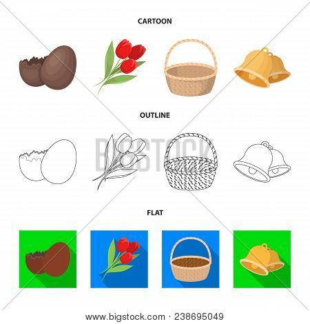 Chocolate Egg, Bells, Basket And Flowers.easter Set Collection Icons In Cartoon, Outline, Flat Style