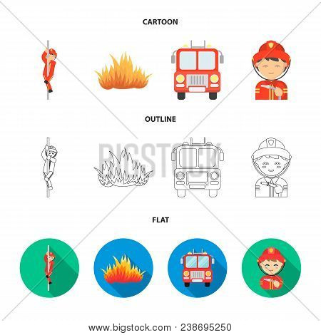 Fireman, Flame, Fire Truck. Fire Department Set Collection Icons In Cartoon, Outline, Flat Style Vec