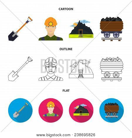 A Shovel, A Miner, An Entrance To A Mine, A Trolley With Coal.mine Set Collection Icons In Cartoon, 