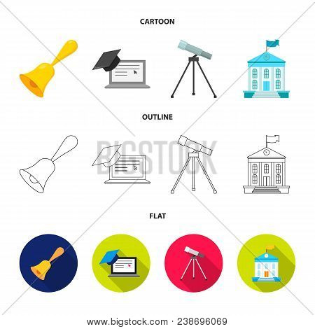 School Bell, Computer, Telescope And School Building. School Set Collection Icons In Cartoon, Outlin