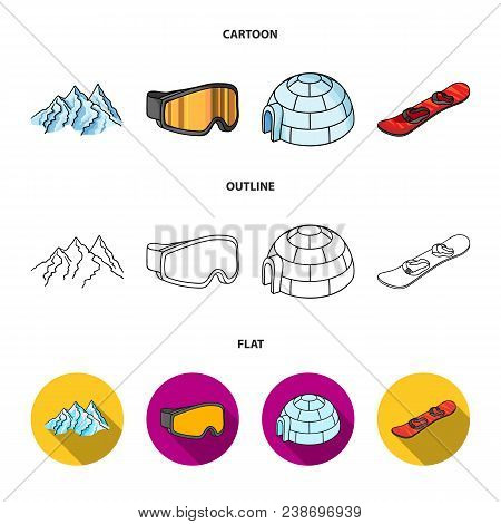 Mountains, Goggles, An Igloo, A Snowboard. Ski Resort Set Collection Icons In Cartoon, Outline, Flat