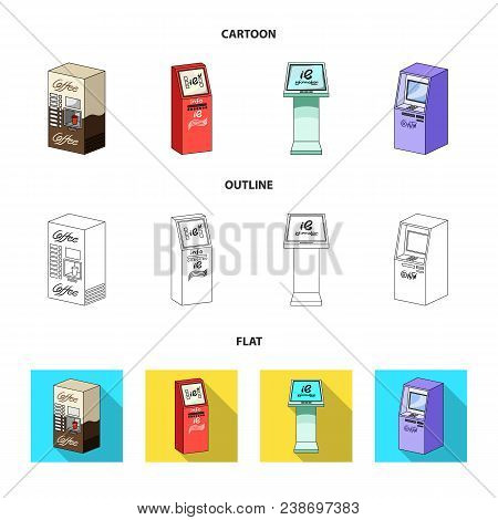 Coffee Machine, Atm, Information Terminal. Terminals Set Collection Icons In Cartoon, Outline, Flat 