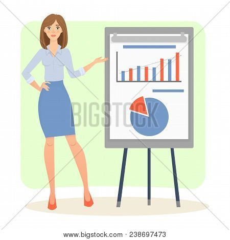 Young Women With Chart And Graphics On The Flip Chart. Business Women Vector Illustration.