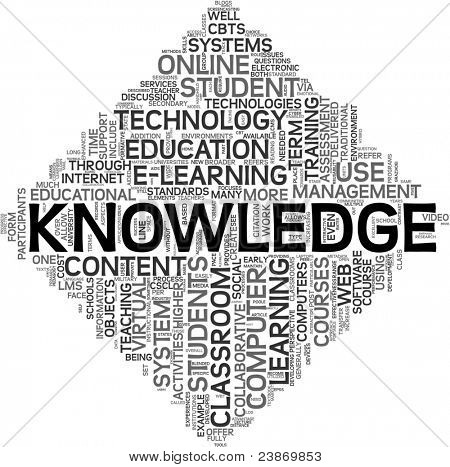Znalosti a pojetí e learningu v tag cloud na bílém pozadí