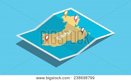 Explore China Maps With Isometric Style And Pin Location Tag On Top Vector Illustration