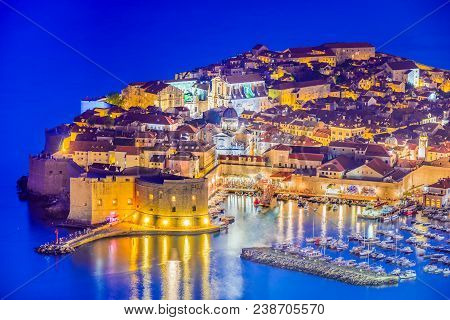 Dubrovnik, Croatia. Spectacular Twilight Picturesque View On The Old Town Of Ragusa From The Lovrije