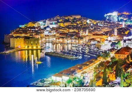 Dubrovnik, Croatia. Spectacular Twilight Picturesque View On The Old Town Of Ragusa From The Lovrije