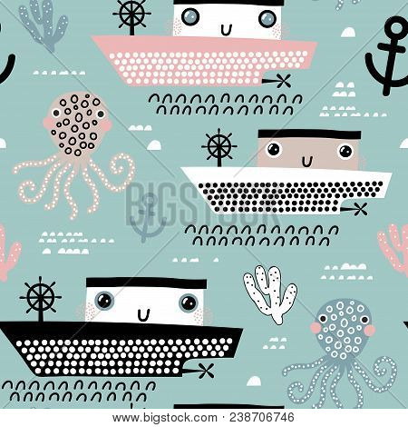 Childish Seamless Pattern With Ship, Octopus And Waves. Scandinavian Style. Summer Marina Background