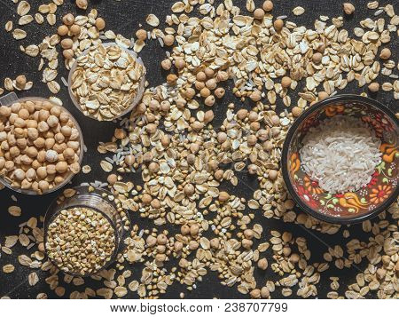 Healthy Diet Raw Cereals On The Black Table Oatmeal