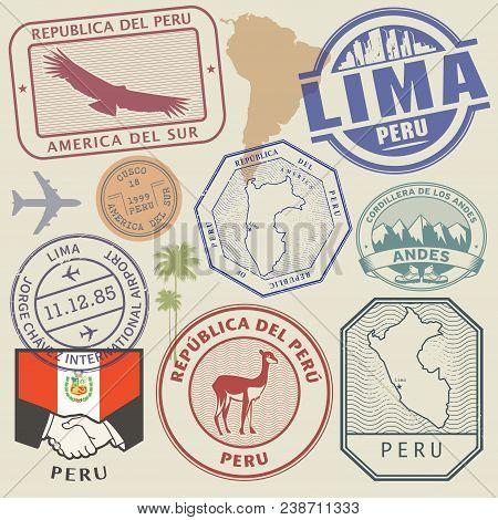 Travel Stamps Or Symbols Set Peru, South America Theme, Vector Illustration