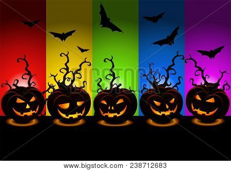 Illustration Of Scary Halloween Wallpaper With Various Carved Pumpkins With Hideous Bat Theme Backgr