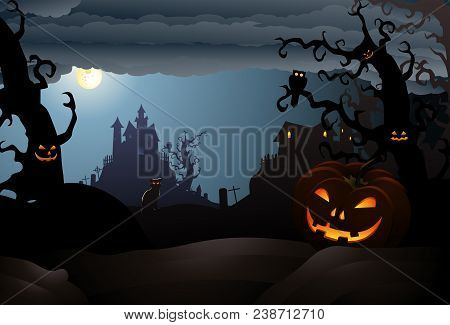 Illustration Of Scary Halloween  Of A Haunted House With Hideous Bat Theme Background