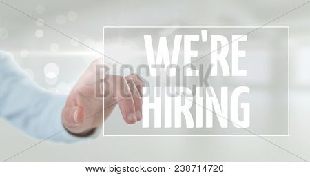 Hand interacting with were hiring business text against white background