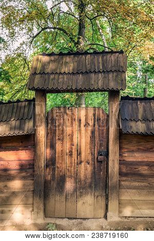 Rural Wooden Door In The Fence In Lviv, Ukraine.