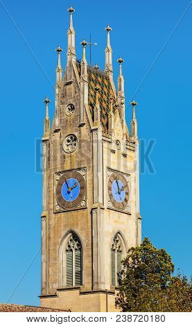 The Clock Tower Of The Reformed Church In The Town Of Andelfingen, Switzerland.