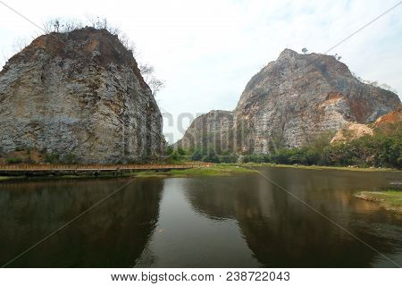 Wide Angle Shot Of Rocky Mountain Of Khao Ngu Stone Park , Ratchaburi , Thailand.
