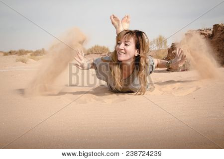 Girl Have Fun In Desert In A Summer Day