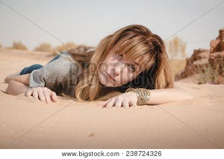 Girl Have Fun In Desert In A Summer Day