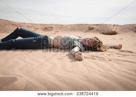 Girl Have Fun In Desert In A Summer Day