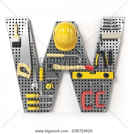 Letter W. Alphabet from the tools on the metal pegboard isolated on white.  3d illustration